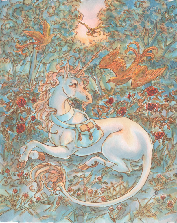 The sun sets on a forest casting it in blue shadows. Golden birds flit through the air and near a pale unicorn in the foreground. The unicorn is surrounded by red roses, lush grass and white clover. There is a wide banded satchel slung around the unicorn's neck. The satchel looks full and has three tassels and the image of an open book embroidered in gold on it's flap.